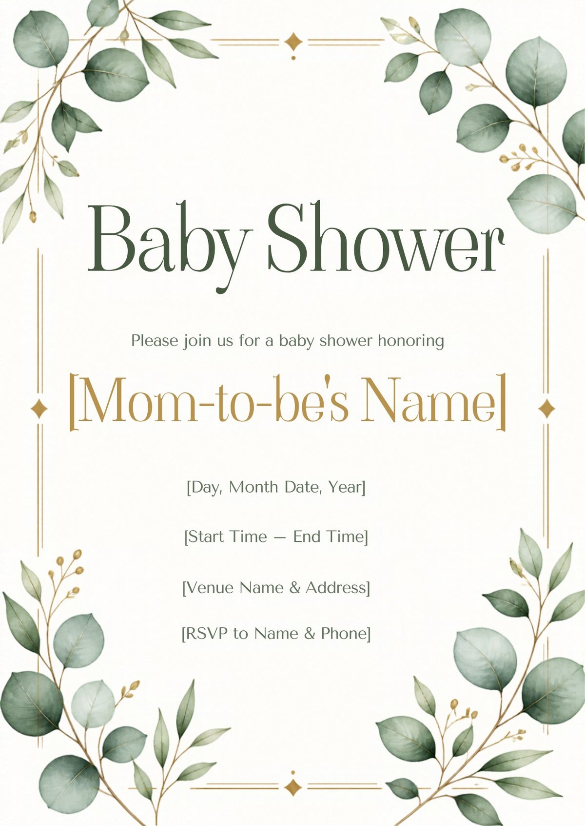 Greenery Gender Neutral Baby Shower Invitation – Fillable PDF & Editable Canva Template