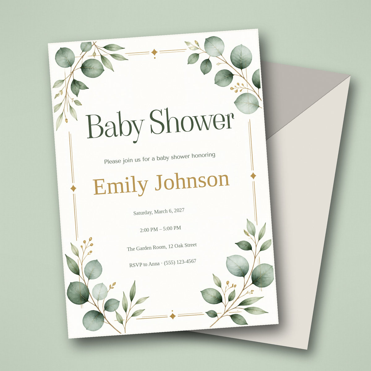 Greenery Gender Neutral Baby Shower Invitation – Fillable PDF & Editable Canva Template