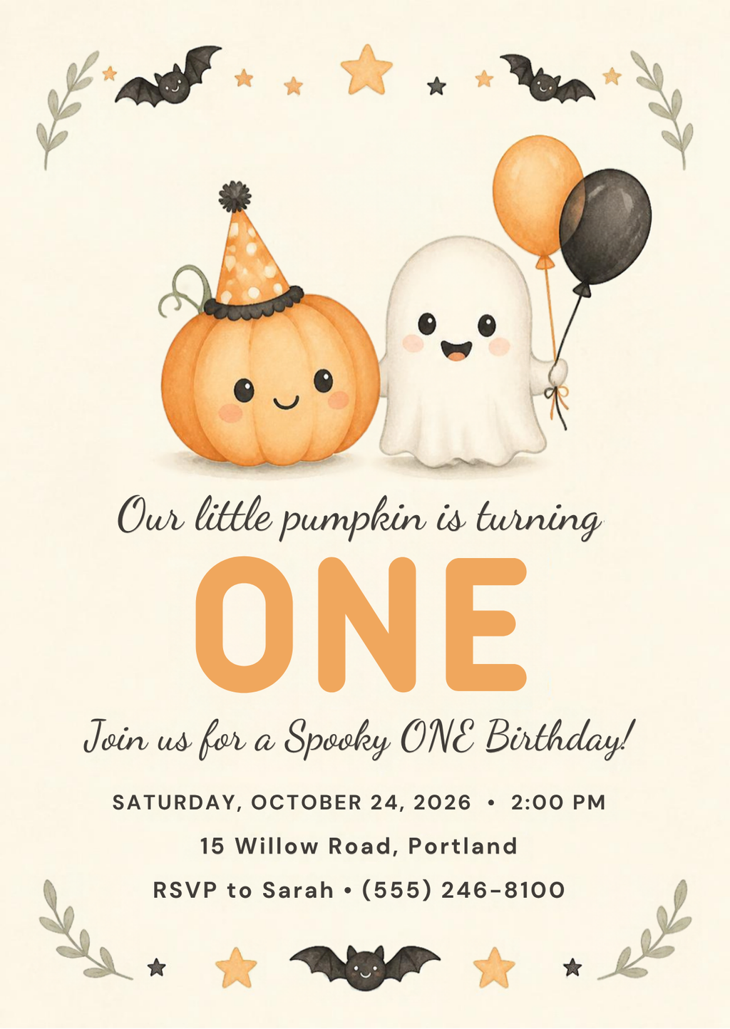 Editable 5x7 Spooky ONE first birthday invitation with a pumpkin in a party hat and a ghost holding balloons