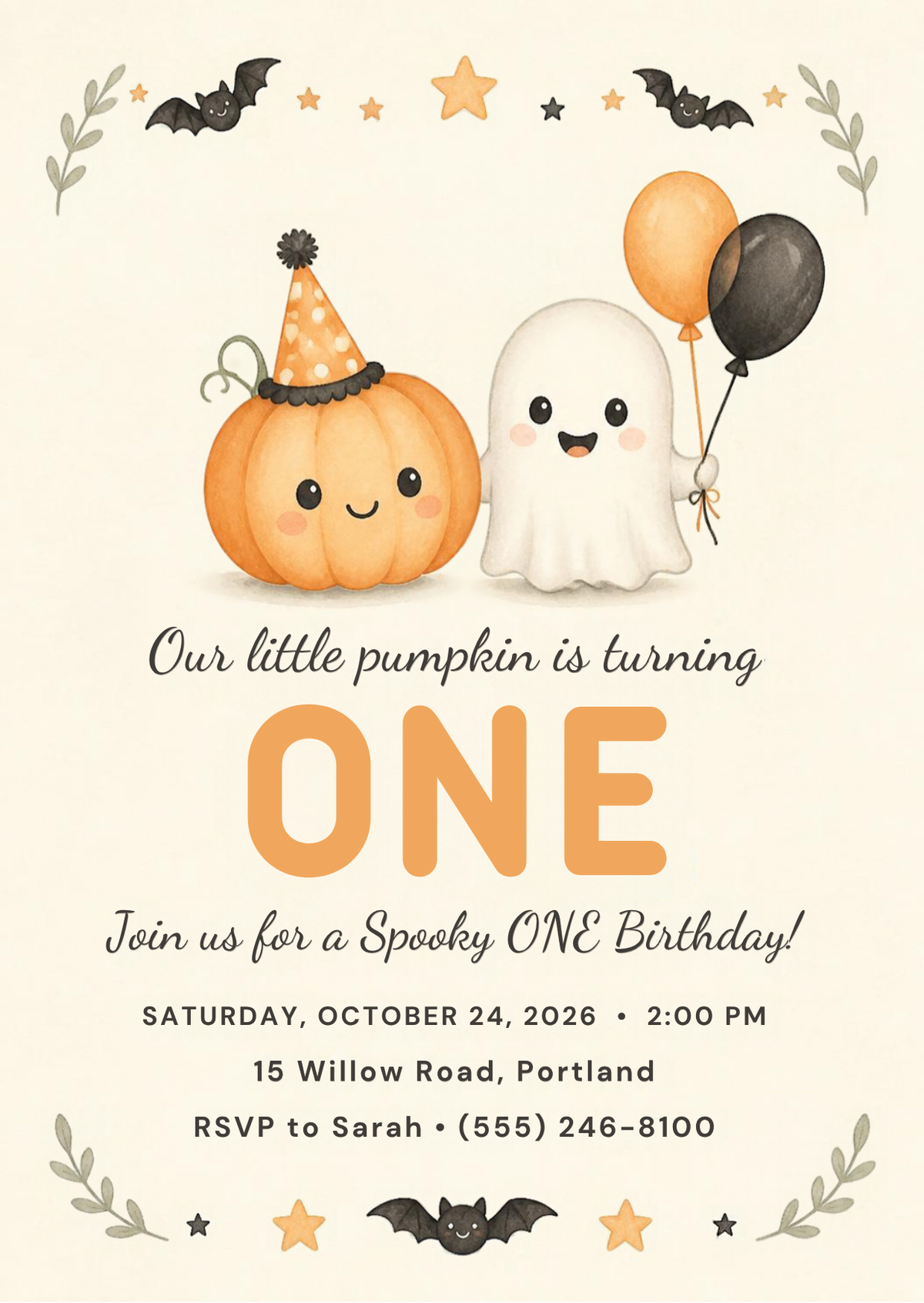 Editable 5x7 Spooky ONE first birthday invitation with a pumpkin in a party hat and a ghost holding balloons