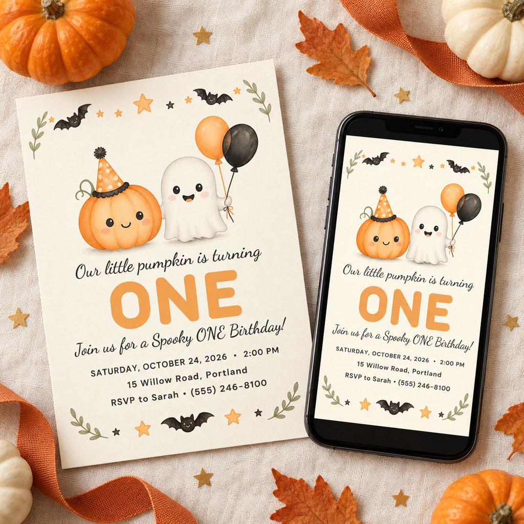 Spooky ONE Halloween first birthday invitation printed and on a phone, with pumpkins and autumn leaves