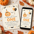 Spooky ONE Halloween first birthday invitation printed and on a phone, with pumpkins and autumn leaves