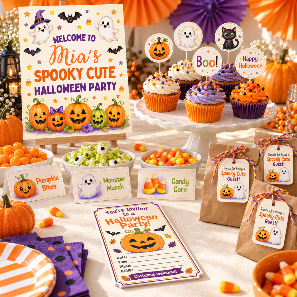 Spooky Cute Halloween party kit on a party table: welcome sign, cupcake toppers, food labels, invitation and thank-you tags