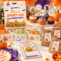 Spooky Cute Halloween party kit on a party table: welcome sign, cupcake toppers, food labels, invitation and thank-you tags