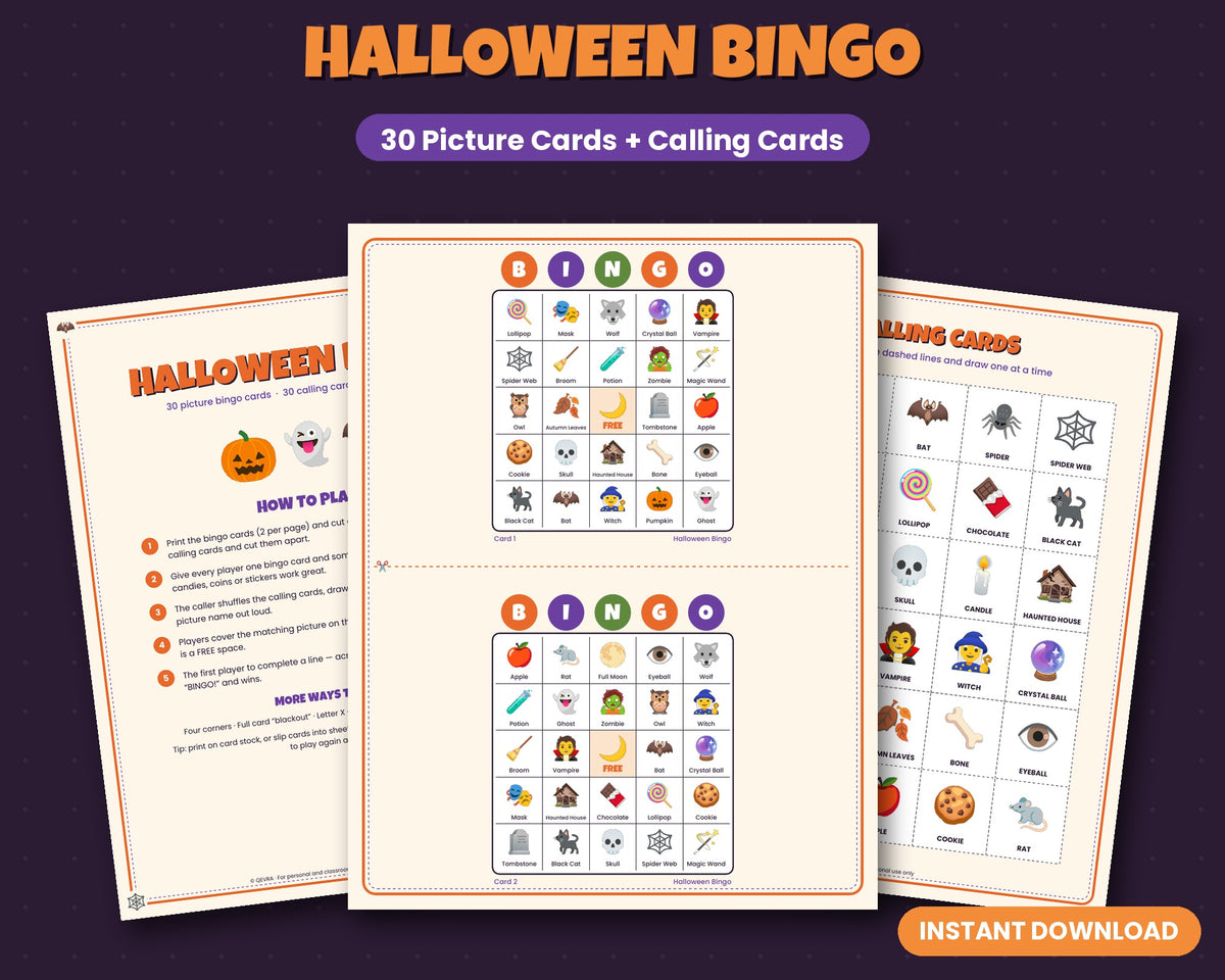 Halloween bingo printable – 30 picture bingo cards for kids and classroom parties