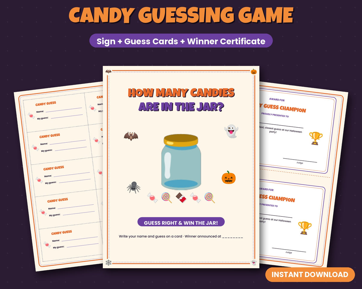 Halloween candy guessing game printable – How Many Candies sign, guess cards and certificate