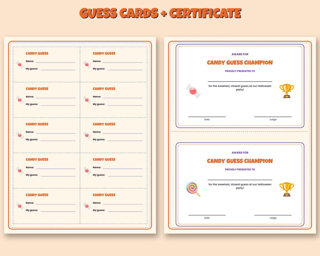 Halloween candy guessing game printable – How Many Candies sign, guess cards and certificate – preview 3