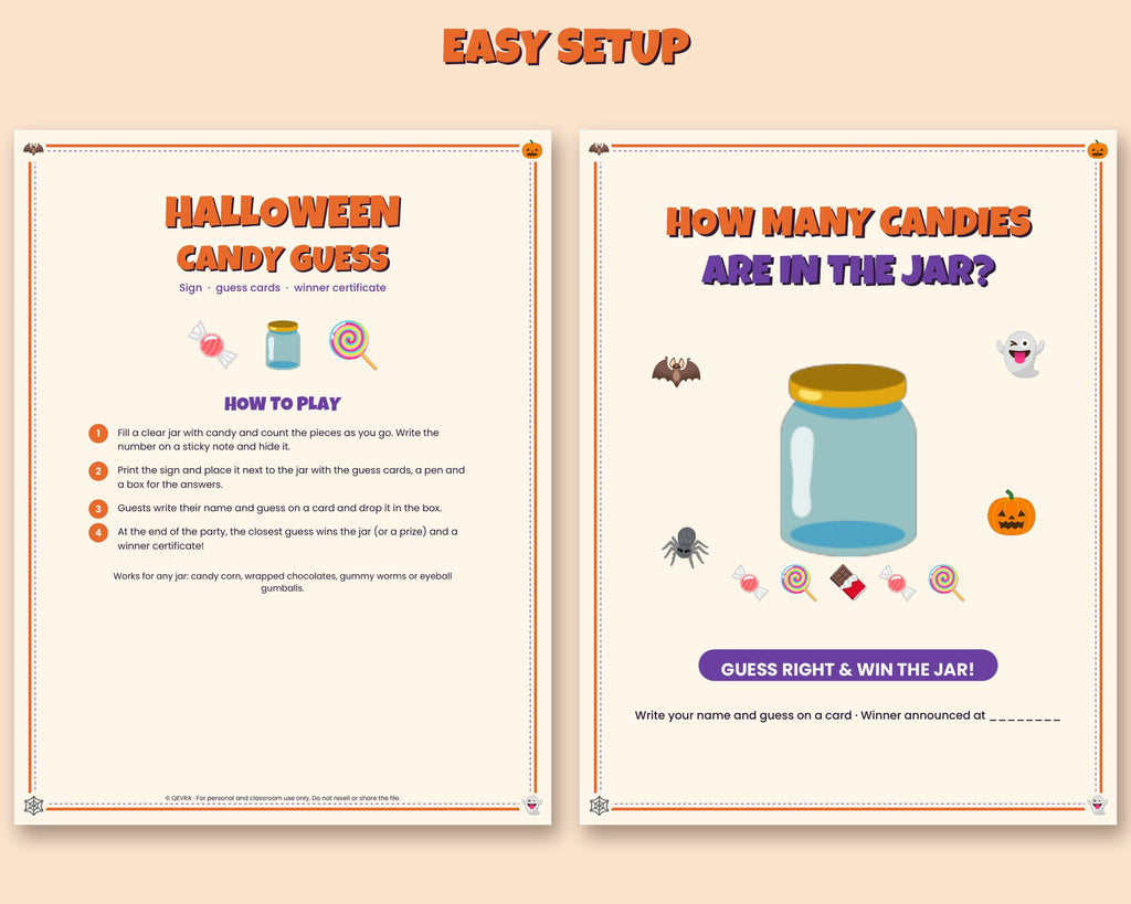 Halloween candy guessing game printable – How Many Candies sign, guess cards and certificate – preview 2