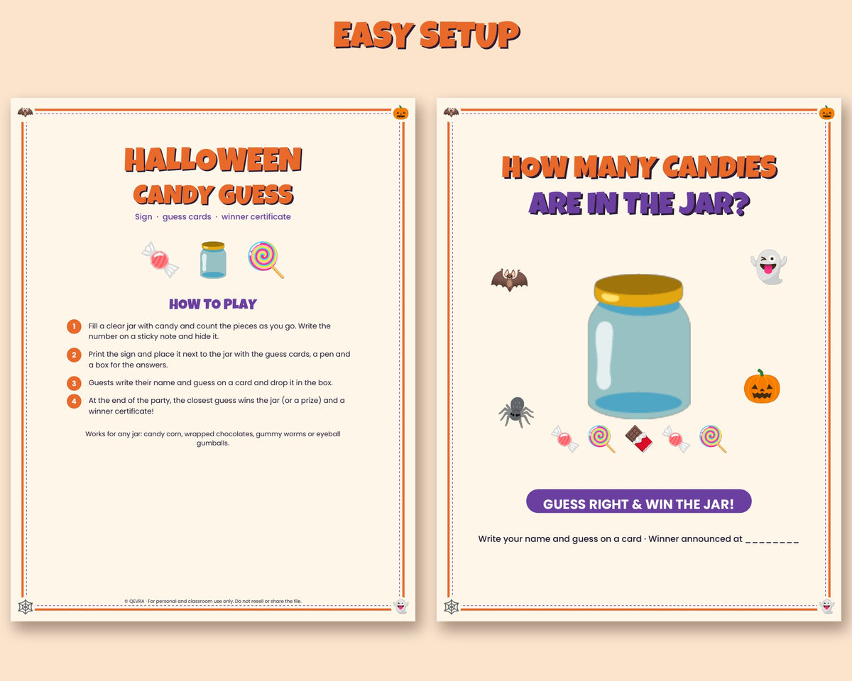 Halloween candy guessing game printable – How Many Candies sign, guess cards and certificate – preview 2