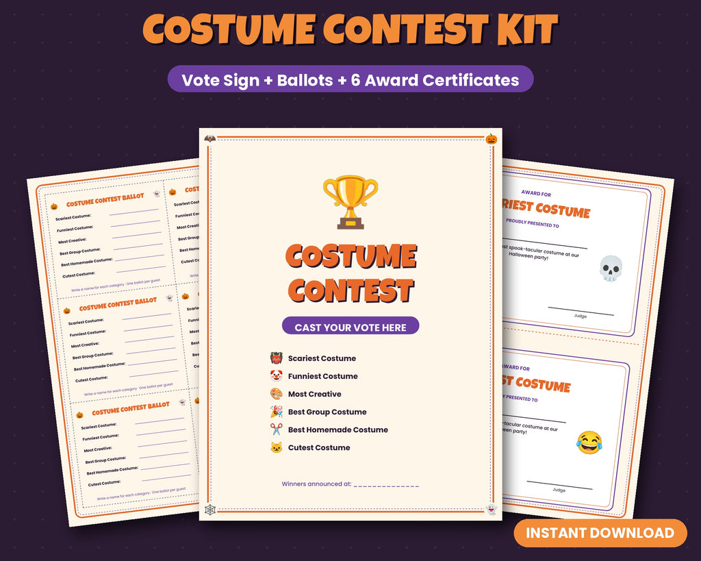 Halloween costume contest kit – printable vote sign, ballots and award certificates