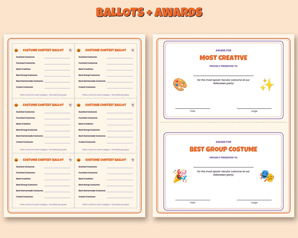 Halloween costume contest kit – printable vote sign, ballots and award certificates – preview 3