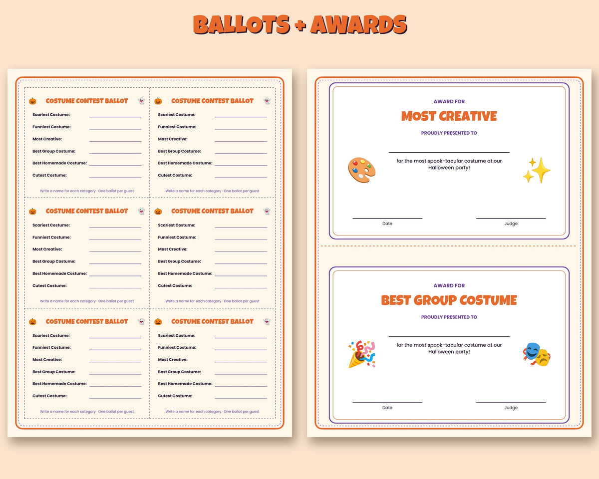 Halloween costume contest kit – printable vote sign, ballots and award certificates – preview 3