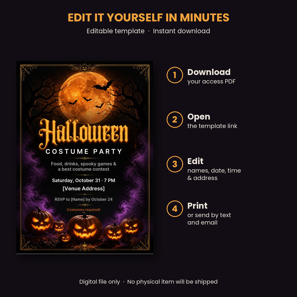 Halloween costume party invitation – editable Canva template with full orange moon, bats and jack-o'-lanterns – preview 3