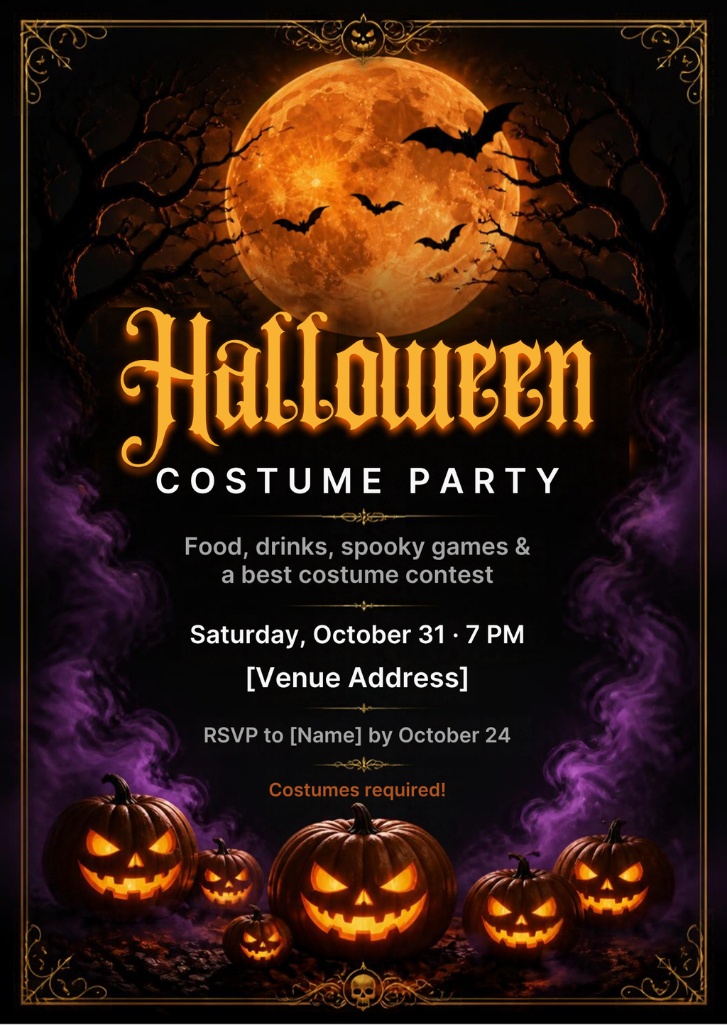 Halloween costume party invitation – editable Canva template with full orange moon, bats and jack-o'-lanterns – preview 2