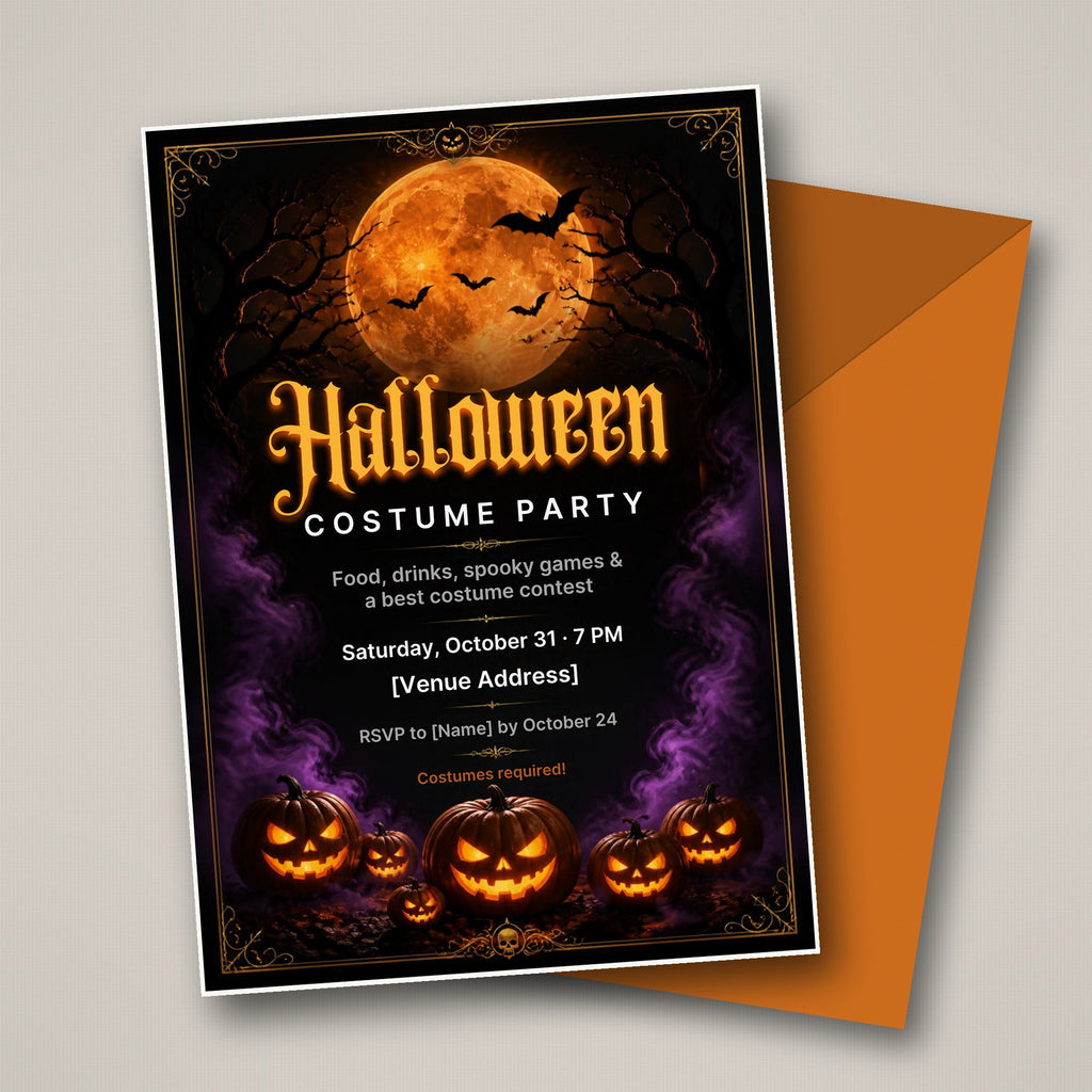 Halloween costume party invitation – editable Canva template with full orange moon, bats and jack-o'-lanterns