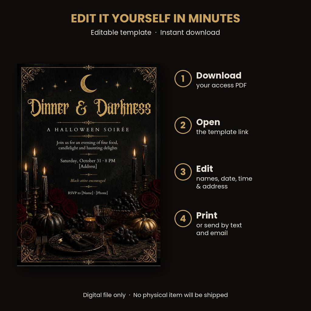 Gothic Halloween dinner party invitation – editable Canva template with black candles, roses and gold – preview 2