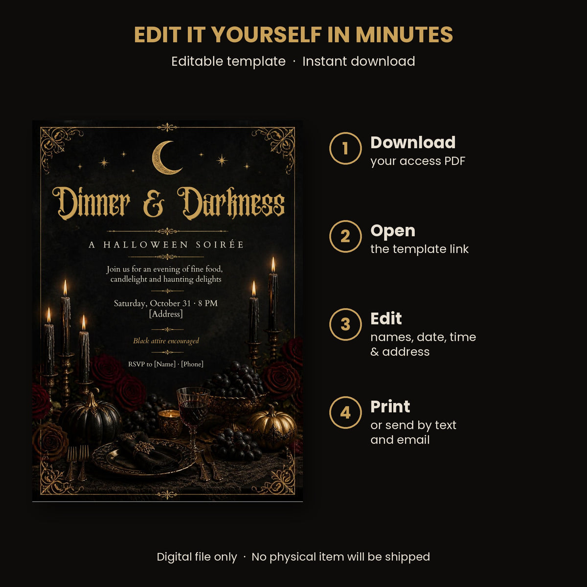 Gothic Halloween dinner party invitation – editable Canva template with black candles, roses and gold – preview 2