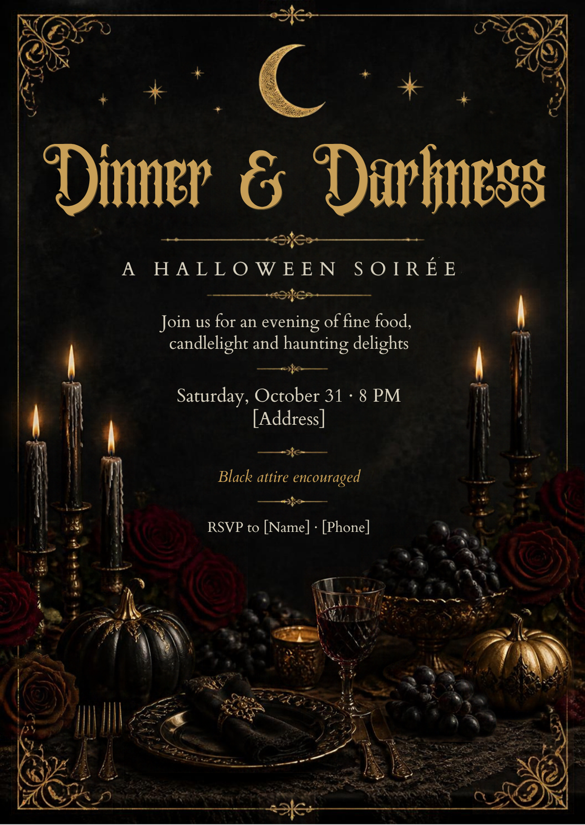 Gothic Halloween dinner party invitation – editable Canva template with black candles, roses and gold – preview 3