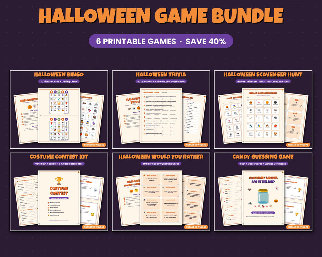 Halloween game bundle – 6 printable party games: bingo, trivia, scavenger hunt, costume contest and more