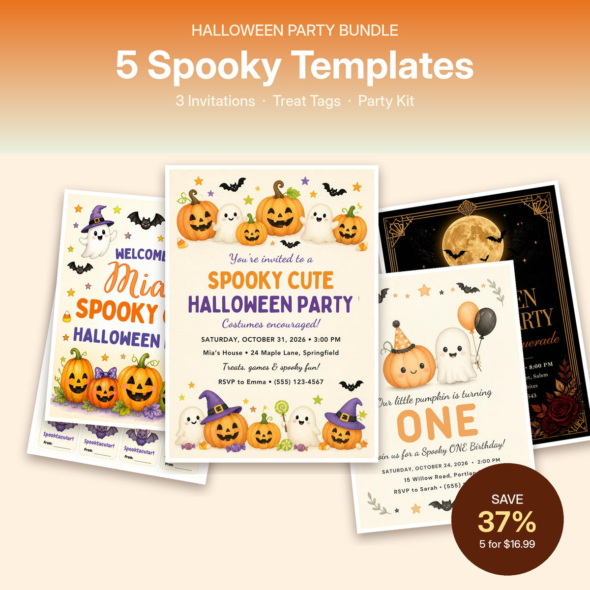 Halloween party bundle: 3 invitations, treat tags and party kit, editable Canva templates, save 37%