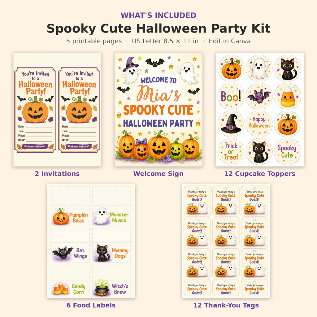 What's included in the Halloween party kit: 2 invitations, welcome sign, 12 cupcake toppers, 6 food labels, 12 thank-you tags