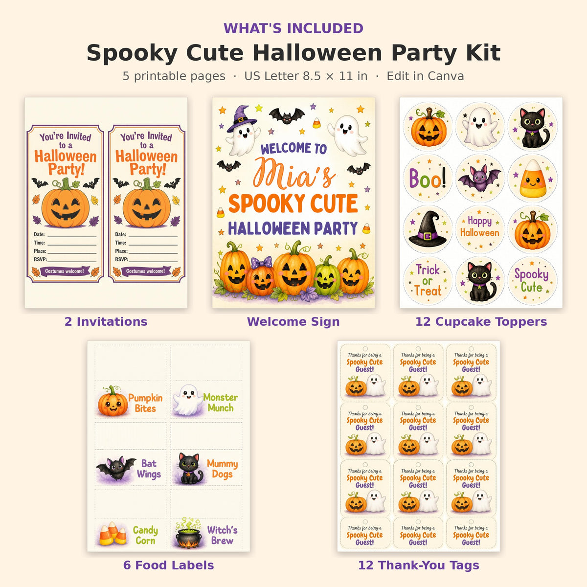 What's included in the Halloween party kit: 2 invitations, welcome sign, 12 cupcake toppers, 6 food labels, 12 thank-you tags