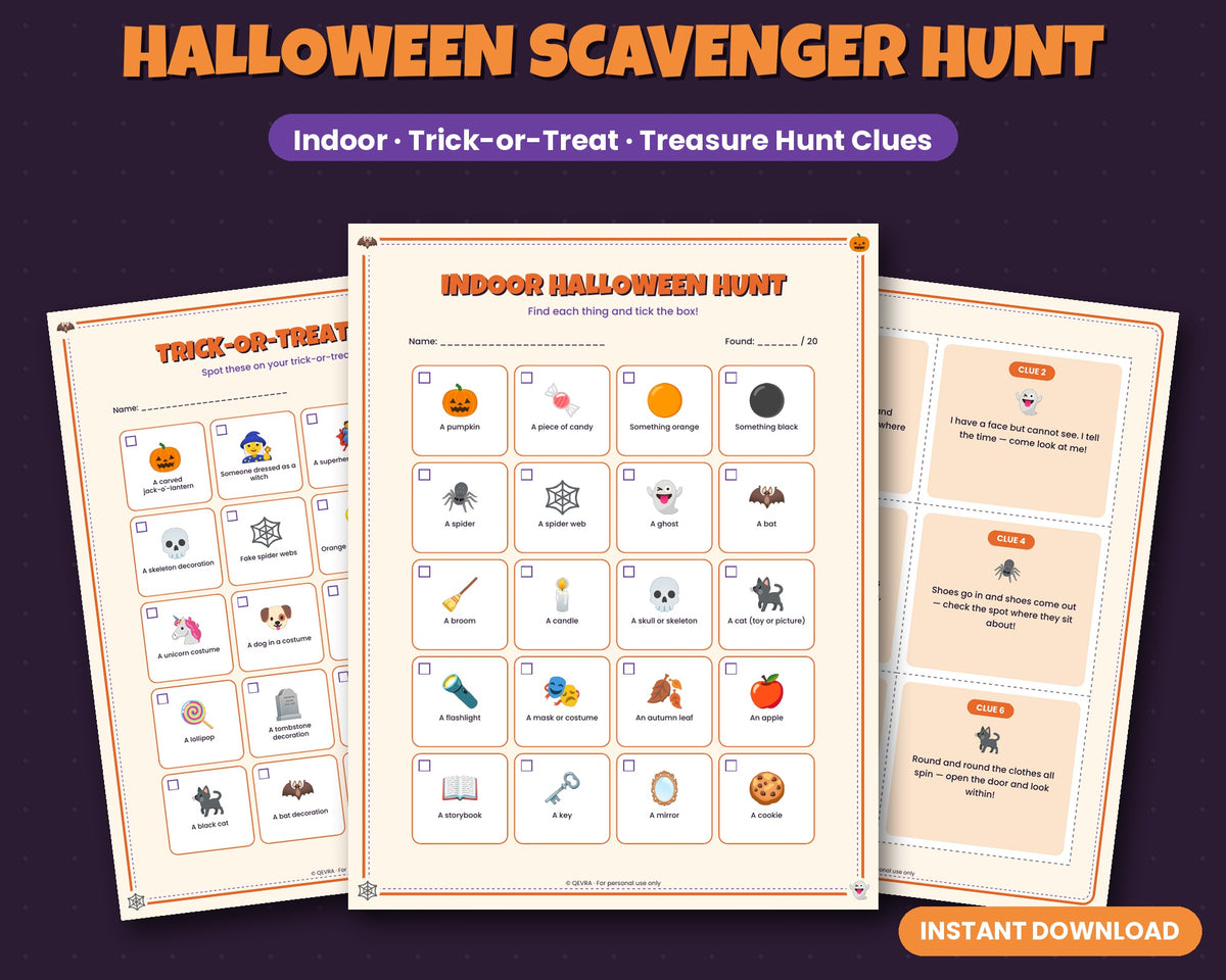Halloween scavenger hunt and treasure hunt for kids – printable clue cards