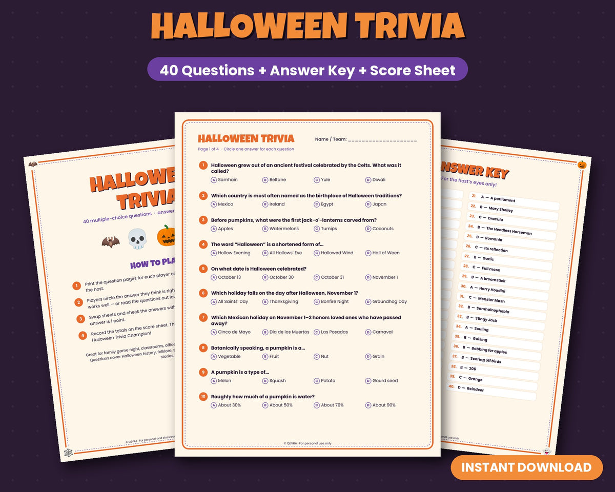 Halloween trivia printable – 40 questions with answer key and score sheet