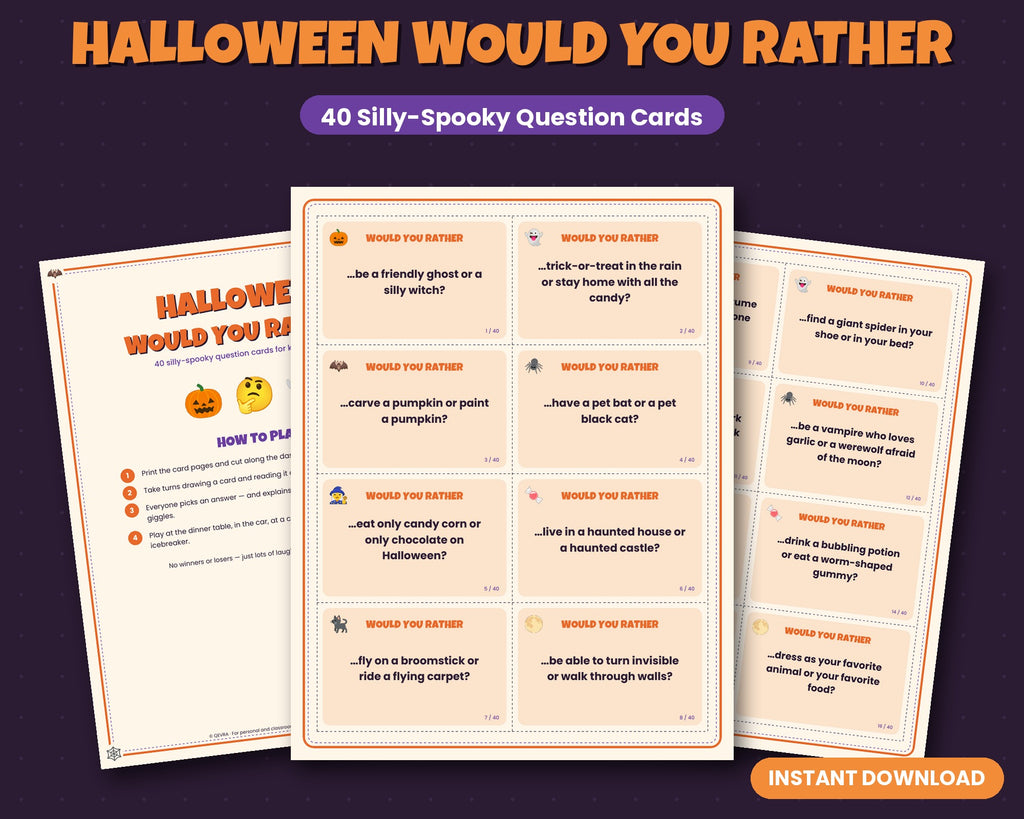 Halloween Would You Rather printable – 40 question cards for kids and families