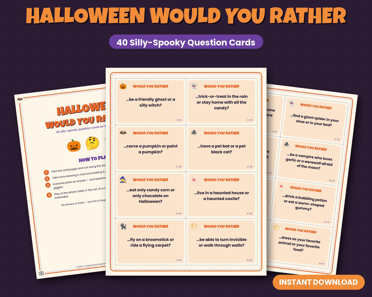 Halloween Would You Rather printable – 40 question cards for kids and families