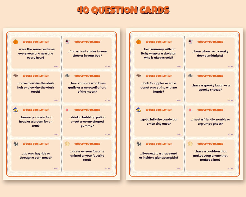 Halloween Would You Rather printable – 40 question cards for kids and families – preview 3