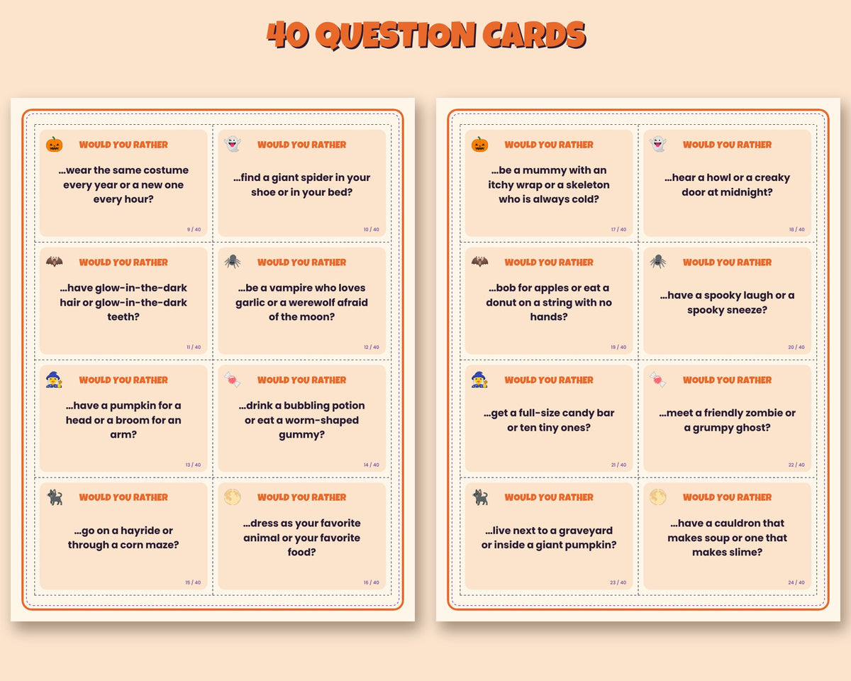 Halloween Would You Rather printable – 40 question cards for kids and families – preview 3
