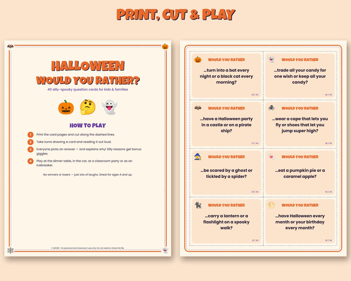 Halloween Would You Rather printable – 40 question cards for kids and families – preview 2