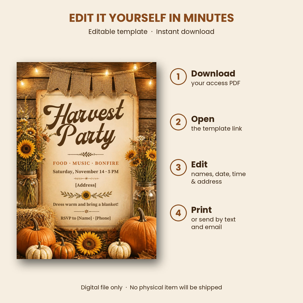 Harvest party invitation – rustic fall bonfire editable Canva template with sunflowers, hay bales and pumpkins, 5x7 – preview 3