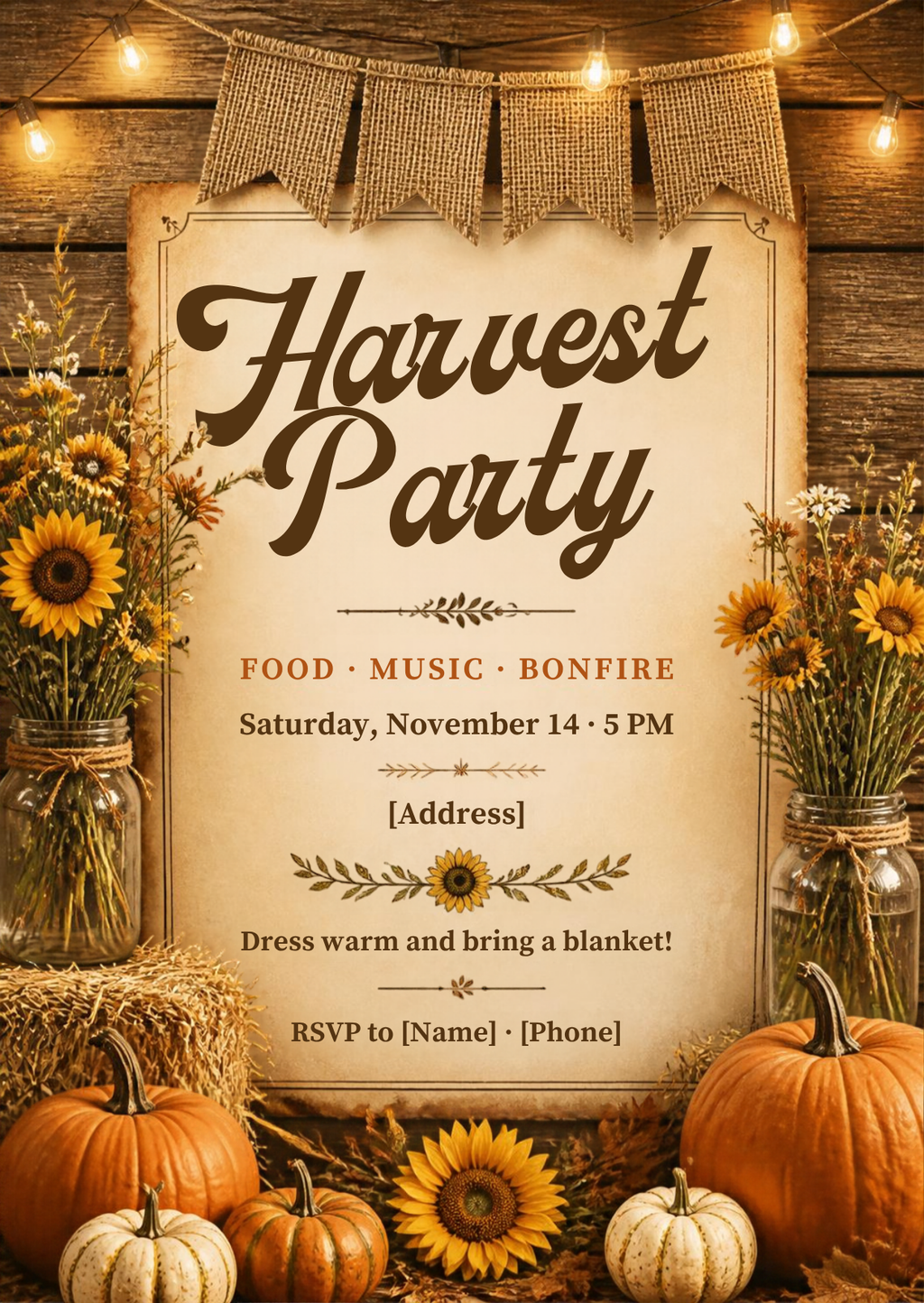 Harvest party invitation – rustic fall bonfire editable Canva template with sunflowers, hay bales and pumpkins, 5x7 – preview 2