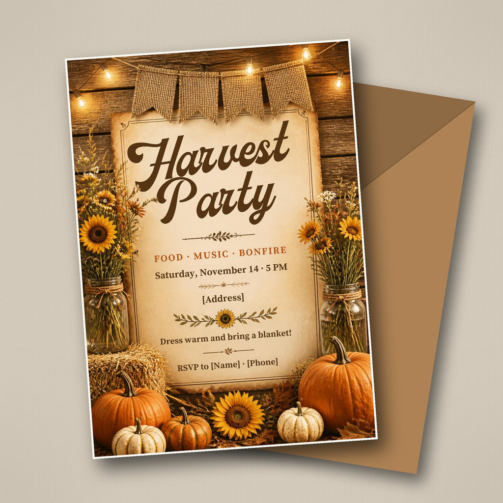 Harvest party invitation – rustic fall bonfire editable Canva template with sunflowers, hay bales and pumpkins, 5x7