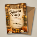 Harvest party invitation – rustic fall bonfire editable Canva template with sunflowers, hay bales and pumpkins, 5x7
