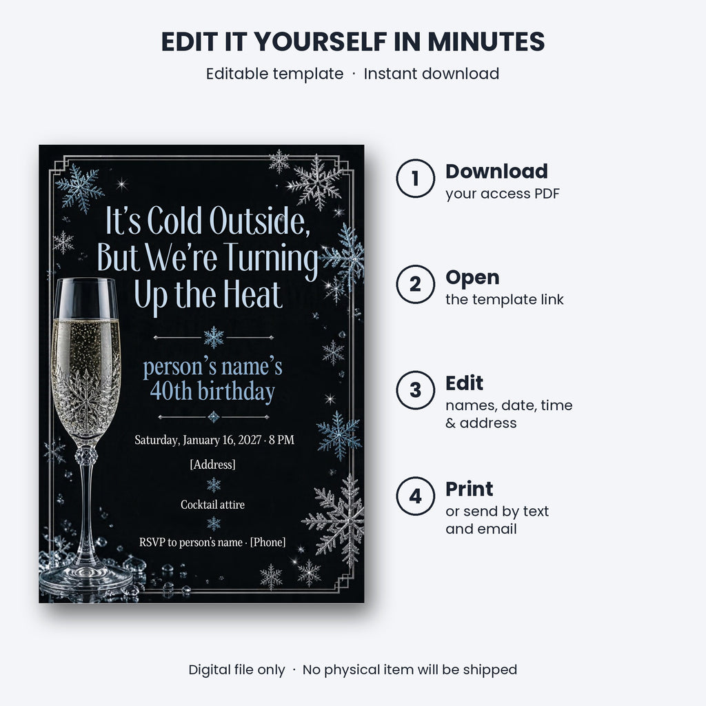 40th Birthday Winter Cocktail Party Invitation – Editable Canva Template