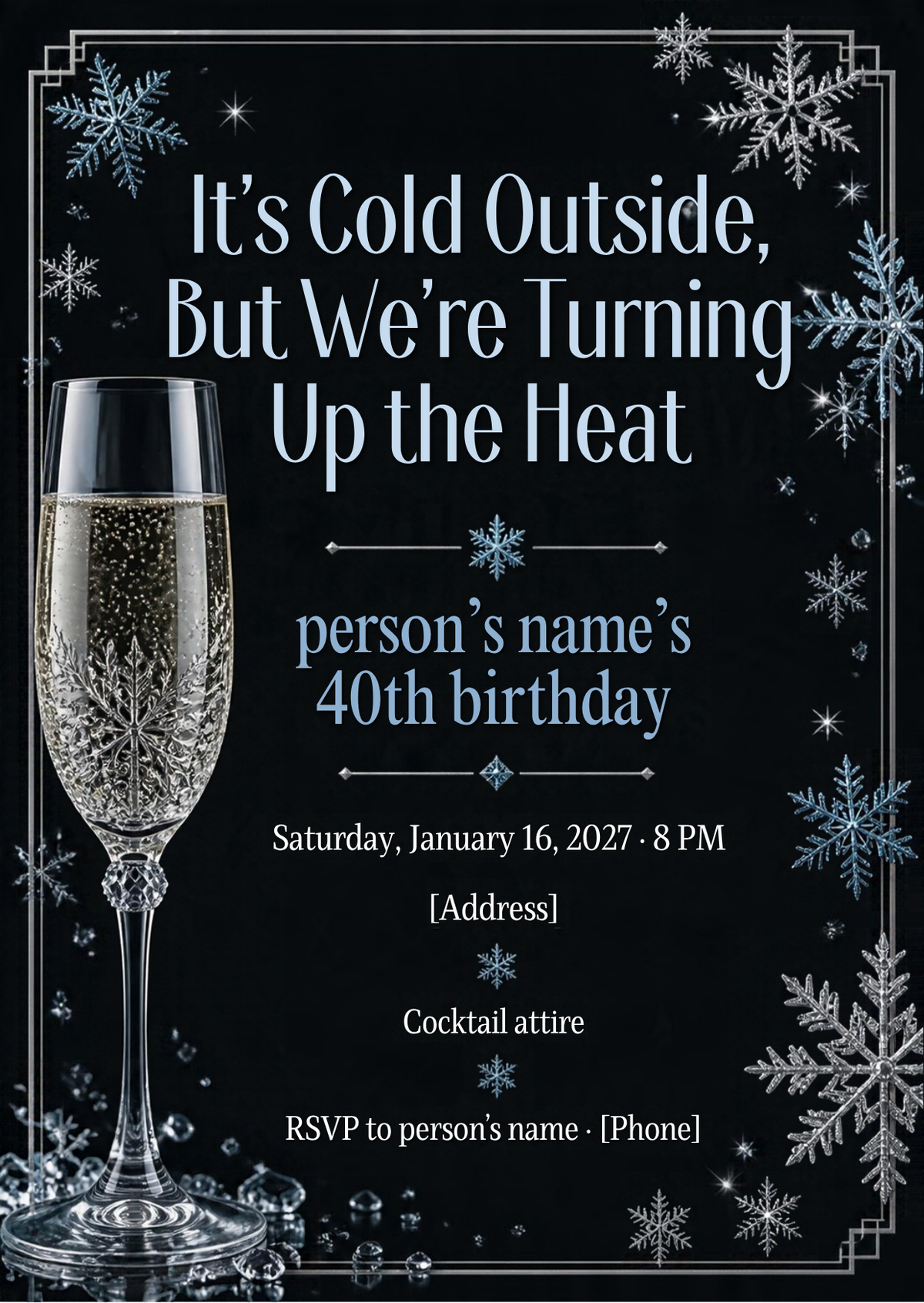 40th Birthday Winter Cocktail Party Invitation – Editable Canva Template