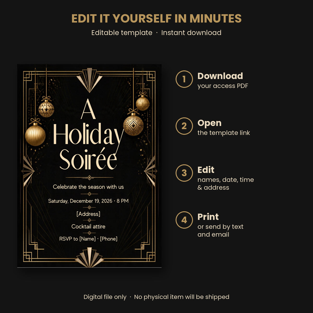 Black & Gold Holiday Soirée Invitation – Editable Canva Template