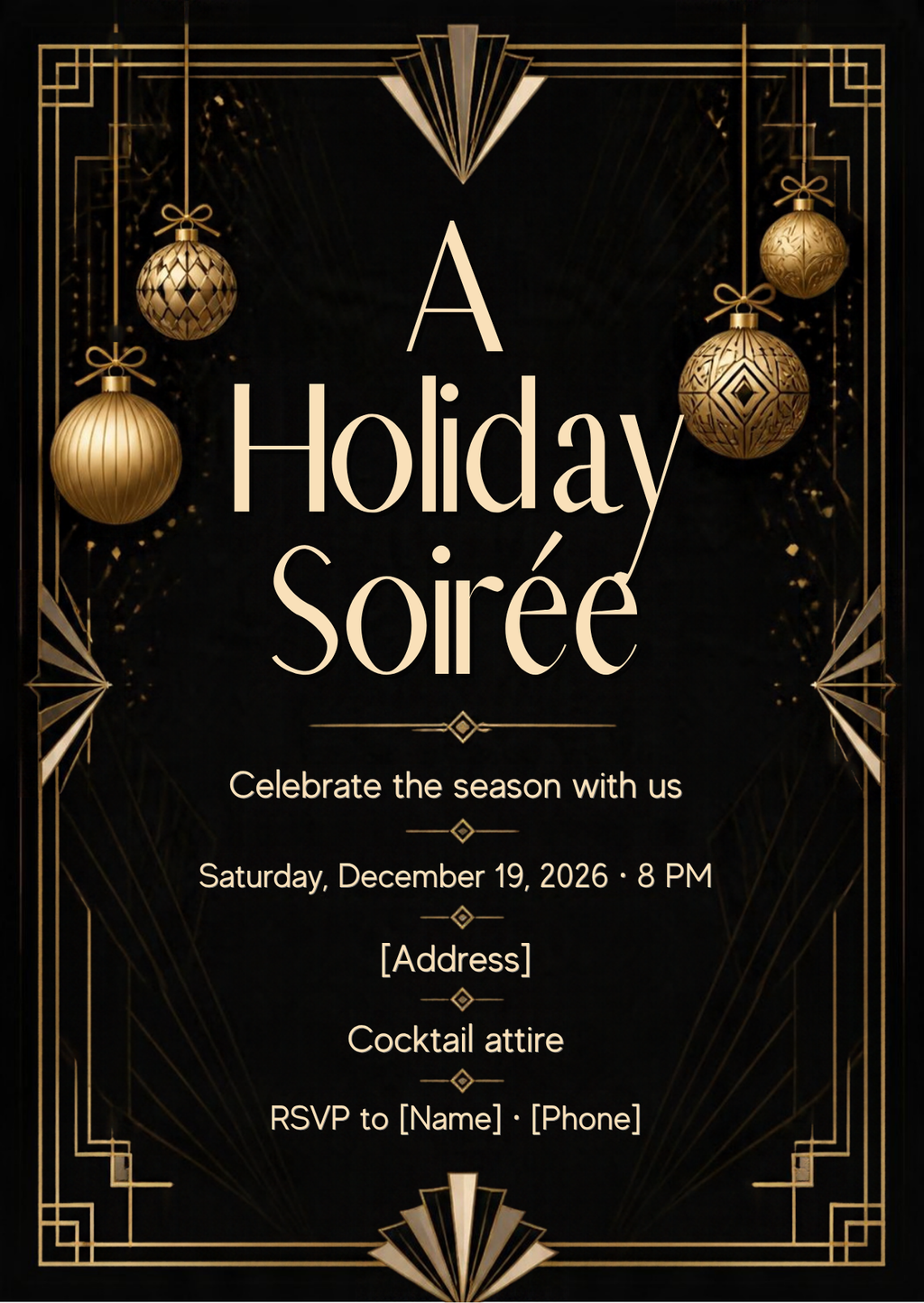 Black & Gold Holiday Soirée Invitation – Editable Canva Template