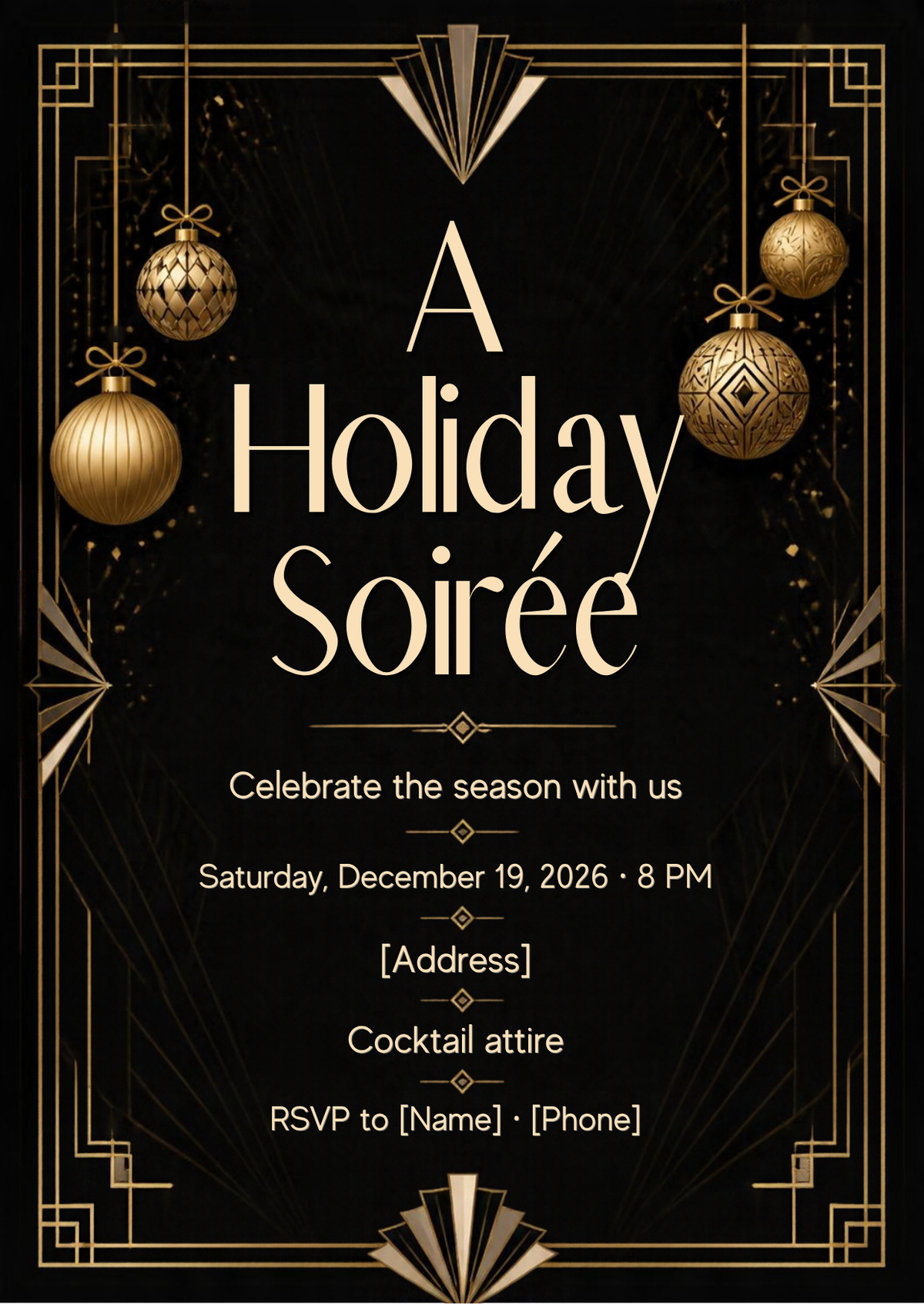 Black & Gold Holiday Soirée Invitation – Editable Canva Template