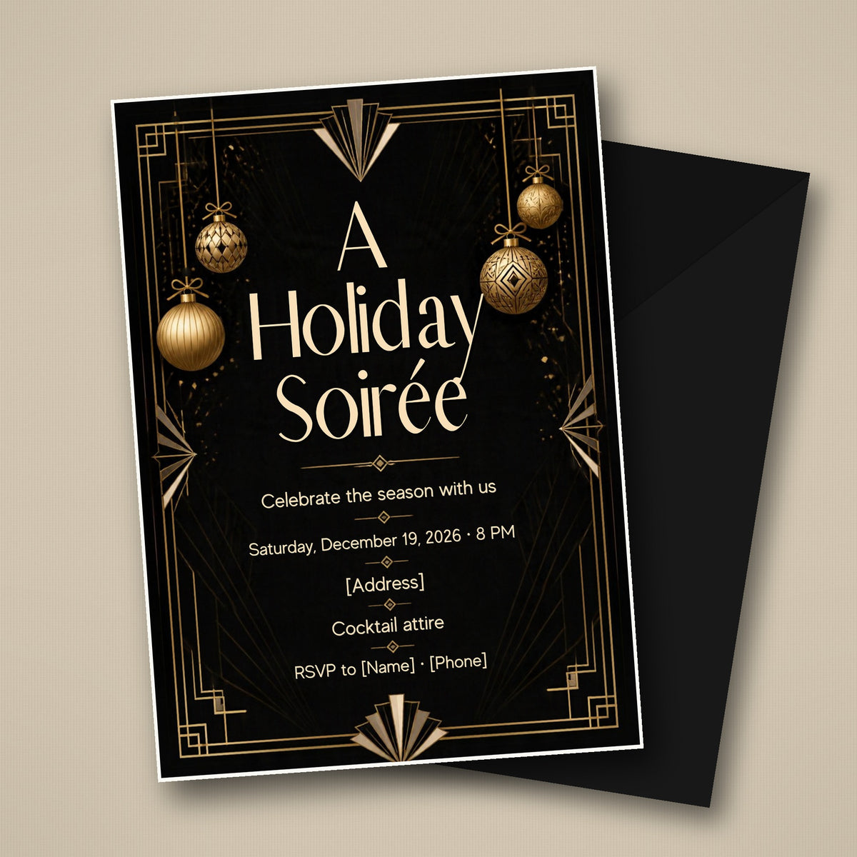Black & Gold Holiday Soirée Invitation – Editable Canva Template