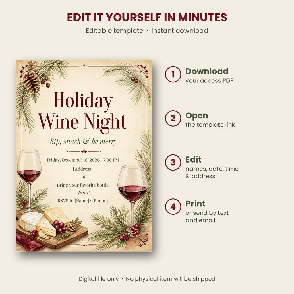 Holiday Wine Night Christmas Party Invitation – Editable Canva Template