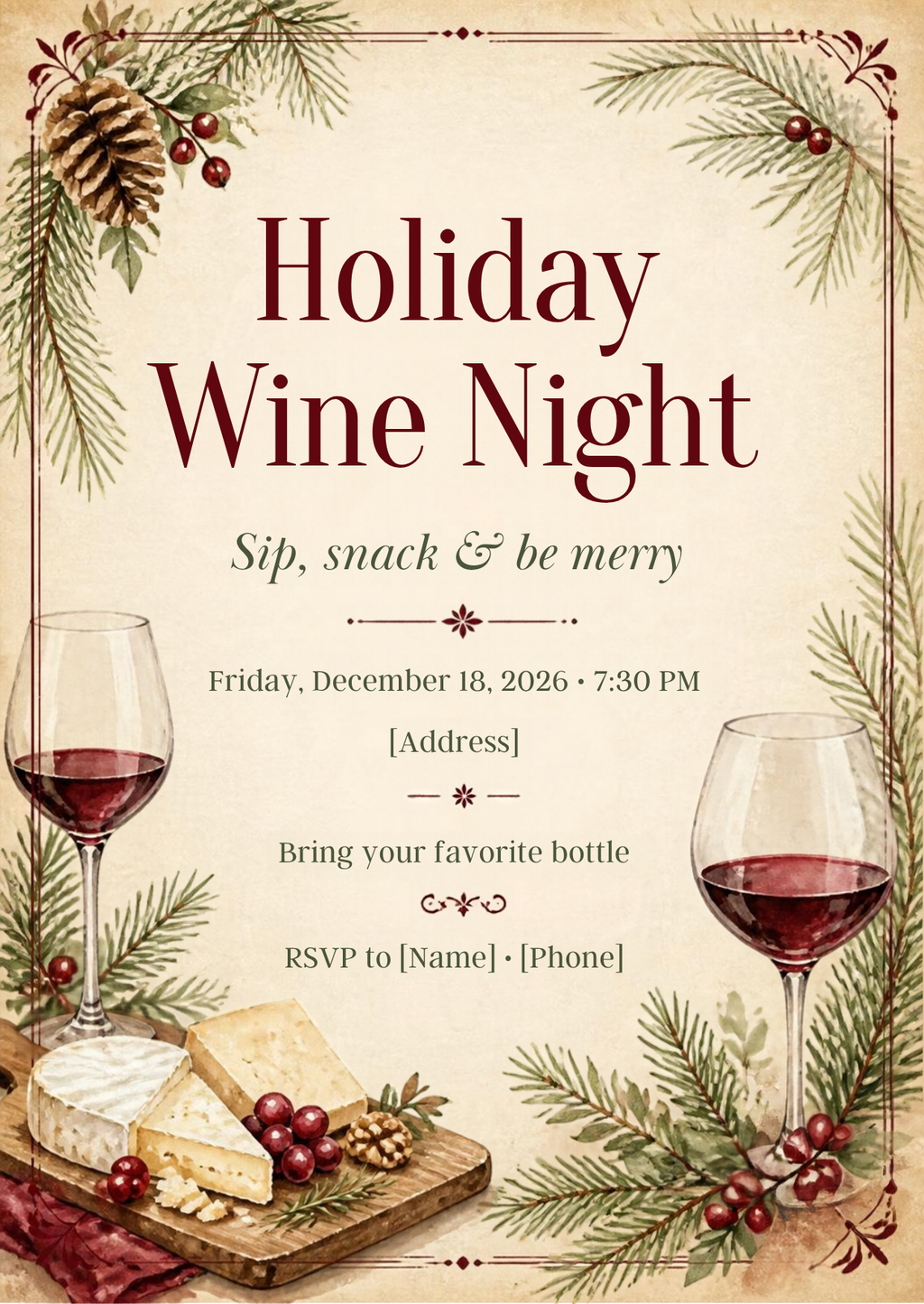 Holiday Wine Night Christmas Party Invitation – Editable Canva Template