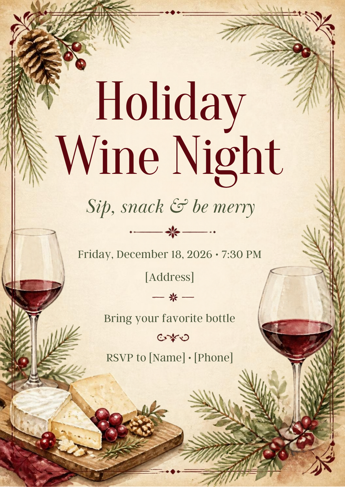 Holiday Wine Night Christmas Party Invitation – Editable Canva Template