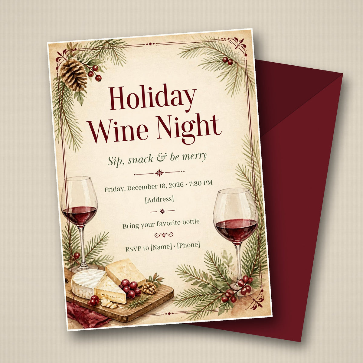 Holiday Wine Night Christmas Party Invitation – Editable Canva Template
