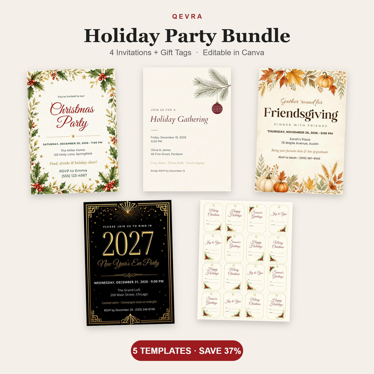 Holiday party bundle with Christmas, holiday gathering, Friendsgiving and New Year's Eve invitations plus Christmas gift tags