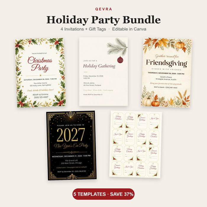 Holiday Party Bundle – 4 Invitations + Gift Tags, Editable Canva Templates