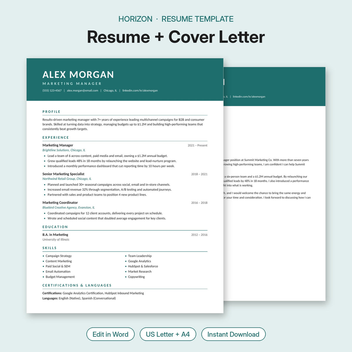 Horizon resume template and cover letter – modern teal header editable Word resume